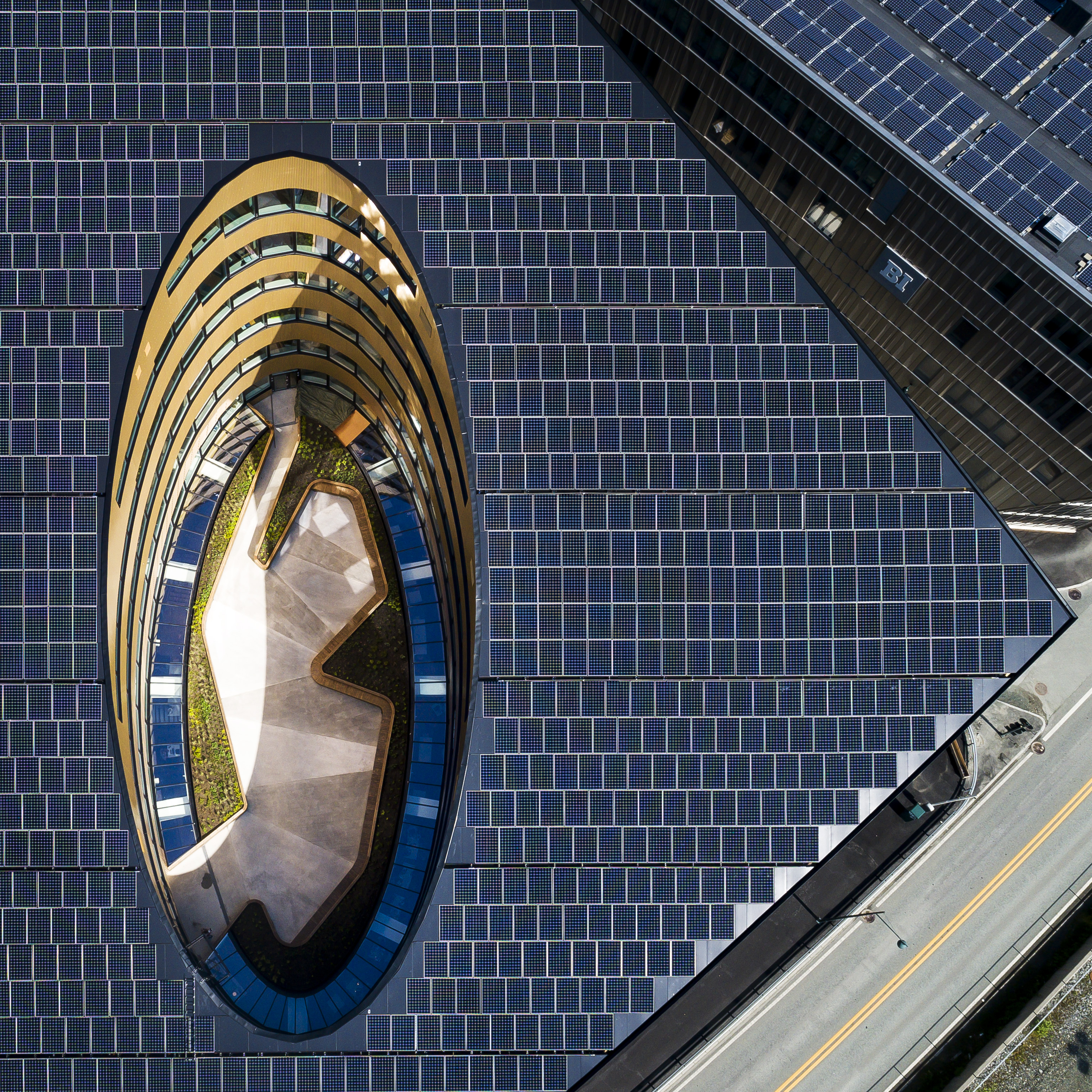 Drone view of solar panels on roof
