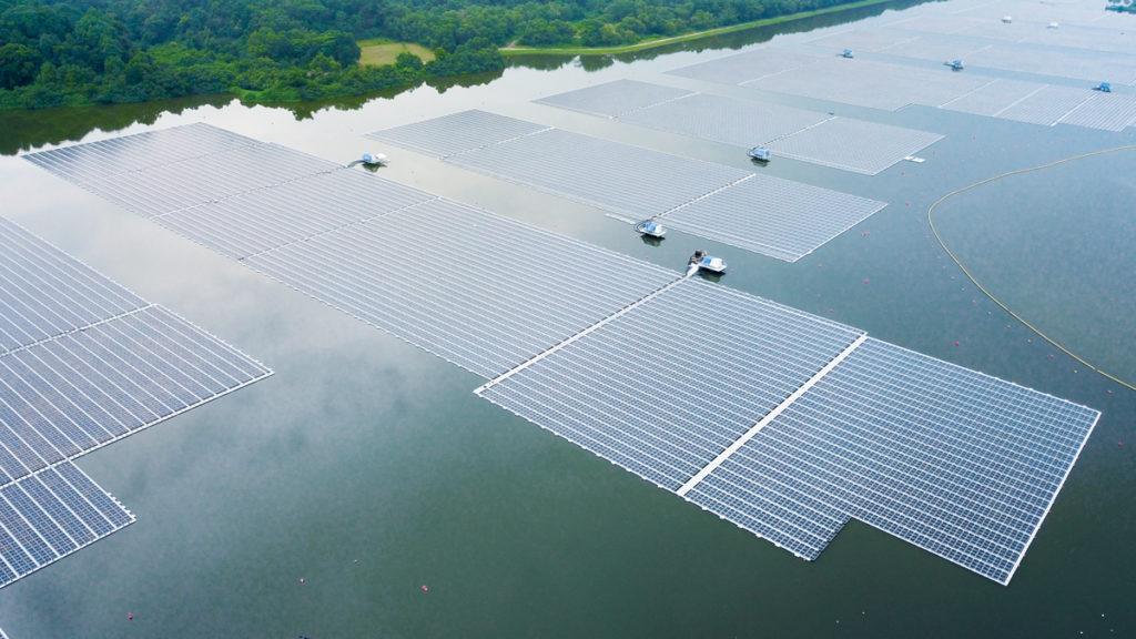 Aerial view of the Sembcorp Tengeh Floating Solar Farm