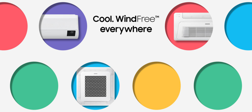 Image of various colourful circles containing the Samsung WindFree air conditioners in three different types